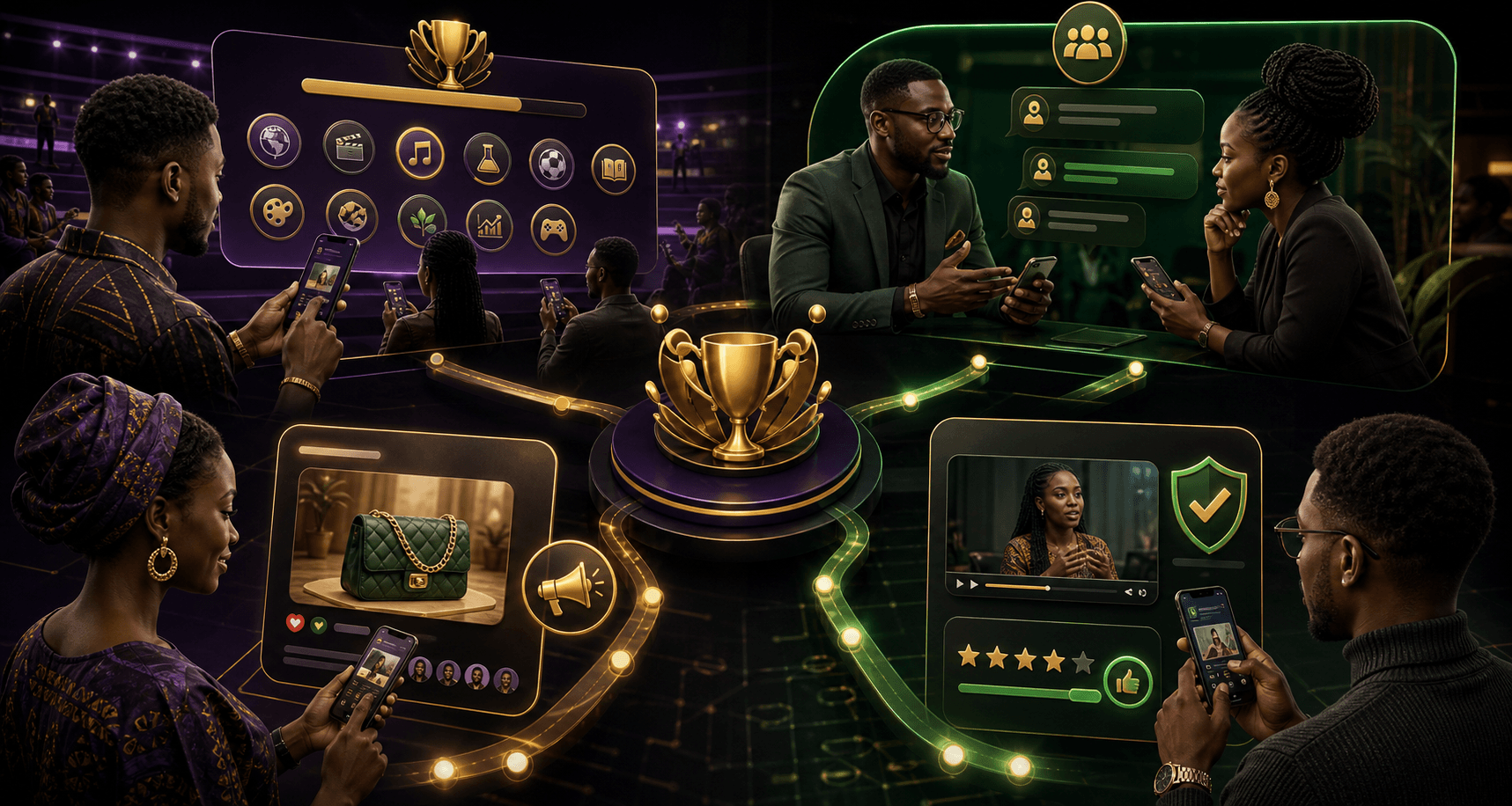 Connected challenge, community chat, product promotion and integrity-review markets